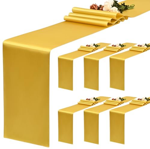 YMHPRIDE 6 Stück Satin-Tischläufer Gold, 30 x 180 cm Lang, Aus Seide für Hochzeit, Party, Geburtstag, Bankett, Tischdekoration