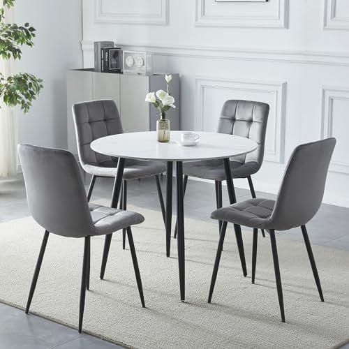 HomJoy Round White Dining Table and Dining Chairs Set 4 Slate Sintered Stone Marble Effect Kitchen Table 90cm with Light Grey Dining Chair Black Metal Legs for Home Office Dining Room