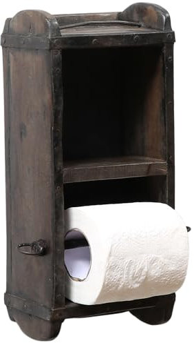 Marrakesch Vintage Toilettenpapierhalter mit Ablage aus Ziegelform Holz 32cm groß | Klopapierhalter als Aesthetic Deko im Badezimmer oder wc | Klorollenhalter als Industrial Badaccessoires im Bad