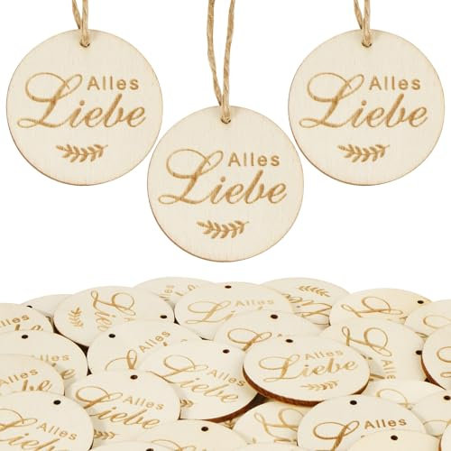 BOFUNX 30 Stücke Holz Geschenkanhänger Alles Liebe Holzanhänger Rund Holzscheiben Holzdeko Streudeko für Hochzeit Taufe Geburtstag Party