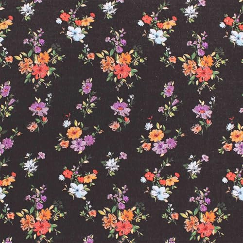 Viskose Stoff bunte Blumen, Meterware, schwarz (Längre am Stück: ab 100cm / Breite: 140cm)