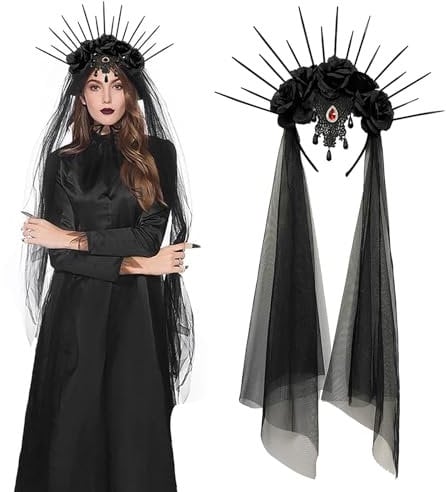 Gothic Flower Headband Black Veil Ghost Bride Fancy Dress Rose Flower Crown Hairband Long Veil Cosplay Wedding Headpiece Fascinator Headwear Halloween Costume Floral Hair Accessories for Women