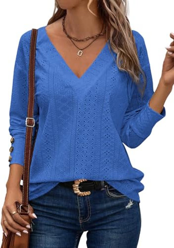 Dokotoo Women's Tops Long Sleeve V Neck Dressy Casual Women Blouse Hollow Out Lace Embroidered Ladies Top Shirt Chic Buttons Cuffs Womens Blouses Shirts Dark Blue UK XL