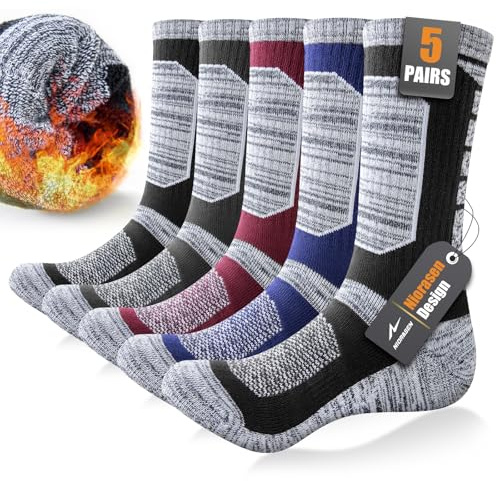 Niorasen Full Cushion Mens Work Socks, 5/8 Pairs Breathable Hiking Socks | 85% Cotton, Breathable, Moisture-wicking, Cushioned, Arch Support, Thick Padded Crew Walking Socks for Outdoor Sport Running