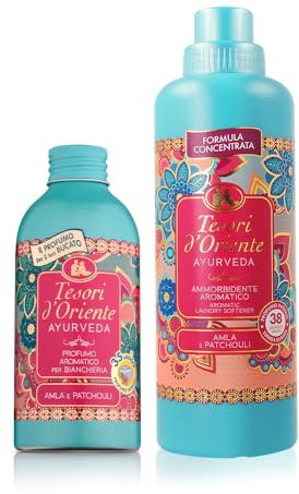 Tesori d'Oriente - Set Cura Bucato Ayurveda, Profumatore Bucato Lavatrice 250ml e Ammorbidente Lavatrice Concentrato 760ml, dalle Note di Amla e Patchouli, per Capi Morbidi e Profumati