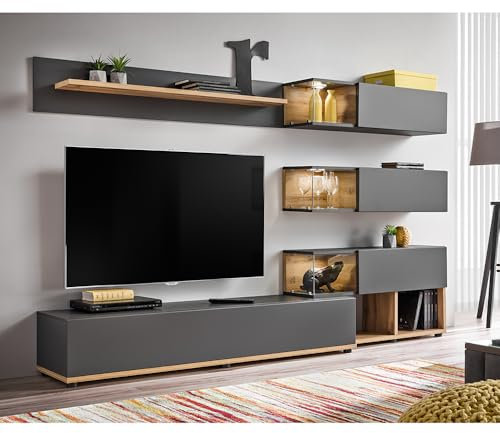 Lomadox Wohnwand Schrankwand Abauwand, 240cm breit, anthrazit mit Eiche, Modern, 1 Wandboard, 1 Lowboard, 1 Unterschrank, 3 Hängevitrinen, inkl. LED-Beleuchtung