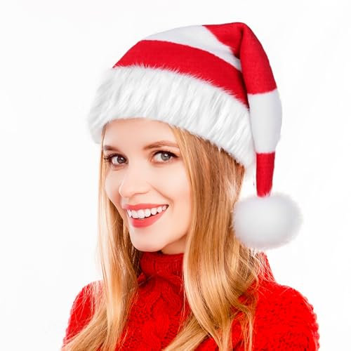 Aitsite Farbkollision Weihnachtsmütze, Weihnachts Haube Erwachsene, Nikolausmütze Plüsch aus Dicker Fellrand, Weihnachts Haube für Weihnachten Geschenk (Red+Weiß)