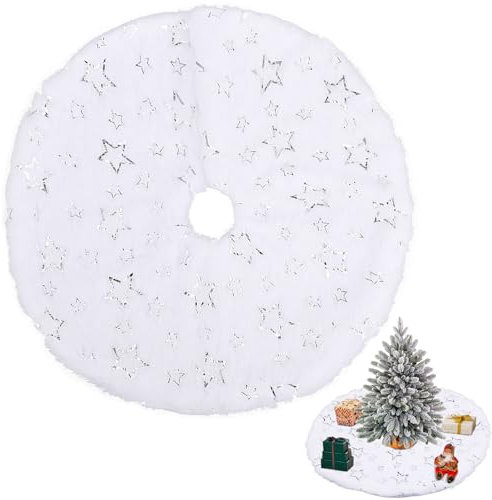 Mini Weihnachtsbaumdecke Rund, Weihnachtsbaum Plüsch Rock Weiß, Schneeflocken Decke Weihnachtsbaum, Christbaumdecke für Mini Weihnachtsbaum, 38 cm, Weihnachtsdekoration (Silber Stern)