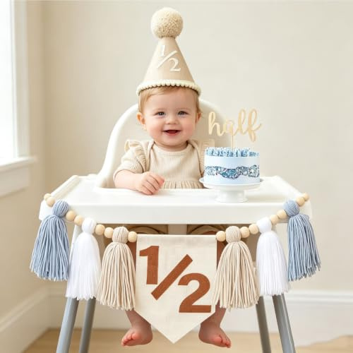 Hochstuhl-Banner für 1/2 halben Geburtstag, Dekoration für erste Jungen, Khaki, Kegelhut mit einem Tortenaufsatz, Fotohintergrund (Blau 1/2)