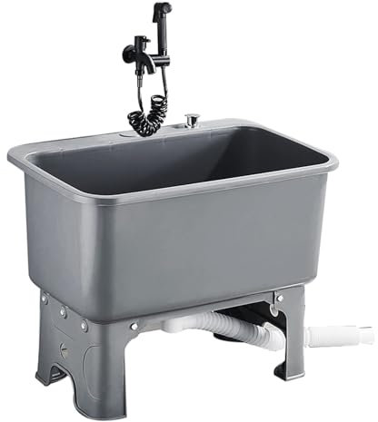 Strapazierfähiger PP-Bodenwischer, freistehend, Waschstation mit Wasserhahn und Sprühpistole, ideal für Wäsche, Badezimmer, Balkon, Haushaltsspüle (grau, 60 x 40 x 40 cm)