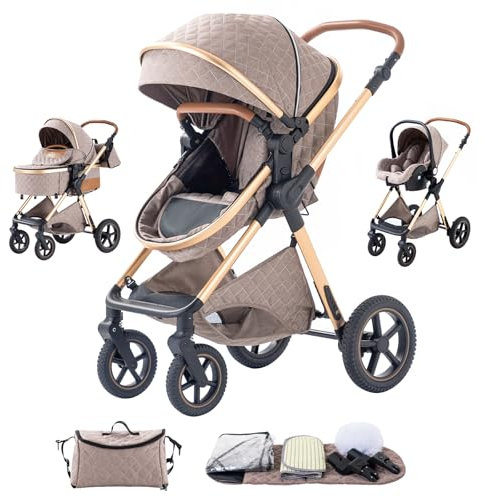 Shineey kinderwagen 3 in 1 Buggy Babybett Komplett Set Einem Klick Zusammenklappbarer Kinderwagen, 3 in 1 KombiKinderwagen Aluminiumrahmen für Neugeborene