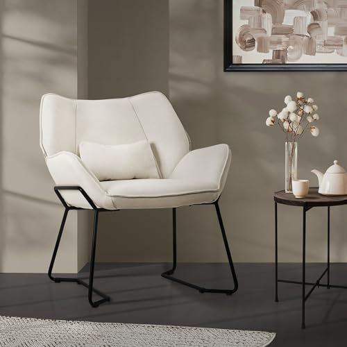 ML-Design Loungesessel Beige, Relaxsessel mit Leinenbezug und schwarzen Metallbeine, Wohnzimmerstuhl mit Armlehne und Rückenlehne, Polsterstuhl mit Kissen, Ohrensessel ergonomisch, Einzelsofa modern