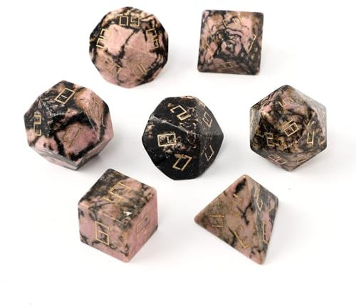 7PCS Natürlicher Edelstein DND Würfel Set, Rhodonit Edelstein Rollenspiel D&D Würfel, DND Kristall Edelstein Würfel Set, Polyeder Edelstein Würfel Set für RPG Brettspiele Marmor D