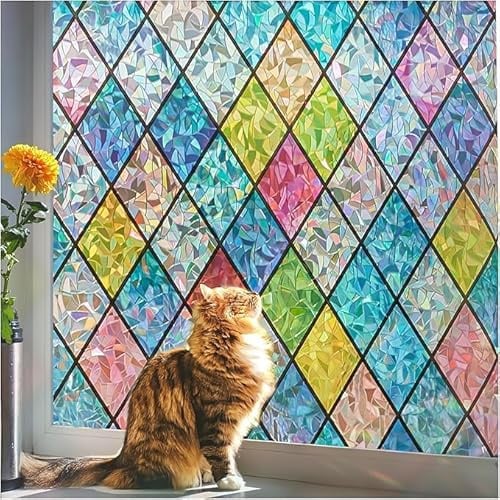 Beautysaid Rainbow Window Film Privacy: Stained Glass Self Adhesive, No-Glue Frosted Window Tint, Static Cling，UV Window Film Home (Multicolor, 90x300cm）