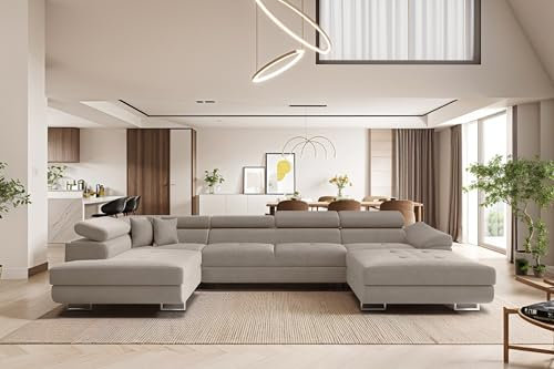 Kaiser Möbel - Ecksofa mit Schlaffunktion - Wohnlandschaft U Form - Big Sofa 345 x 202 cm - Relaxsofa, 6 Verstellbaren Kopfstützen, 2 x Bettkasten - Eckcouch Groß, XXL - Falio U II Links Kaltesbeige