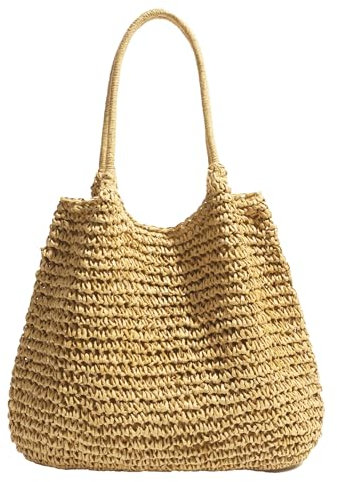 Micmores Strandtasche Strohtasche Damen – Elegante Handtasche Damen Boho Umhängetasche Tote Bag groß Shopper Tasche Geflochtene Taschen Korbtasche für Urlaub Reisen Strand Sommer (Khaki)