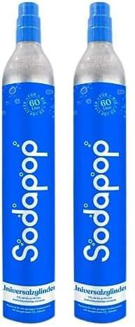Sodapop Universal CO₂-Zylinder | 425g Kohlensäure für bis zu 60 Liter frisches Sprudelwasser | geeignet für Wassersprudler, Sodastream, Arke, etc. (Packung mit 2)
