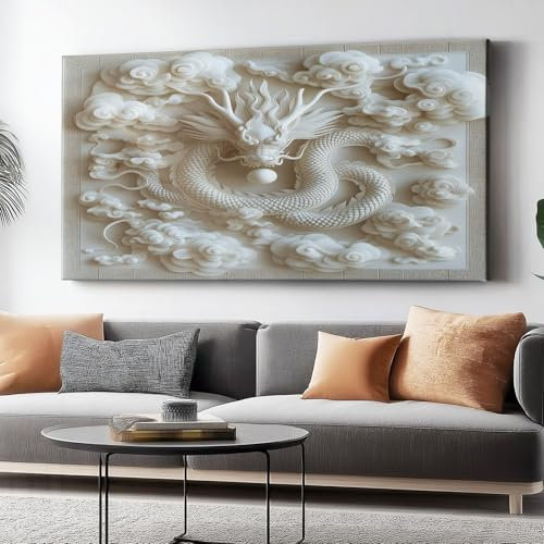 Leinwand Bilder 70L x40B cm Wanddeko Wohnzimmer Aesthetic Room Decor Deko Prägung Drache Wolken Traditionell Zimmer Wandbilder Modern Bild auf Leinwand Moderne Kunst Weiß