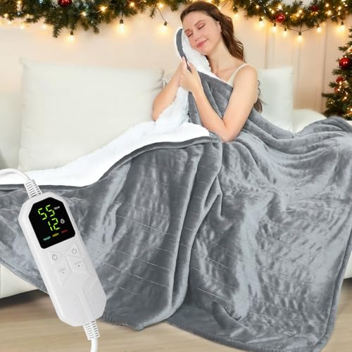 Warmfay Heizdecke mit Abschaltautomatik, 150 × 130 cm Flanell Elektrische Wärmedecke mit 8 Heizstufen & 1-12 Stunden Timer, Überhitzungsschutz, Waschbar Kuscheldecke für Bett & Sofa - Hellgrau