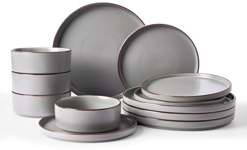 Richmount Halo Plates and Bowls Set, 12 Pieces Dinner Set for 4, Stoneware Dinnerware Sets with Dinner Plates/Salad Plate/Cereal Bowls, Dishwasher & Microwave Safe, Dark Grey