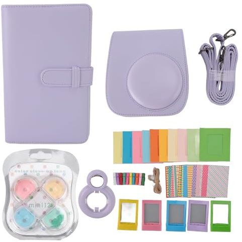 WIHFHGZ Instant Camera Schutzhülle für Mini12, PU Leder, Lila mit Album und Schultergurt - Sofortbildkamera Schutz, Selfie Spiegel, Filter und Sticker Set für Kinderkamera (Lila)