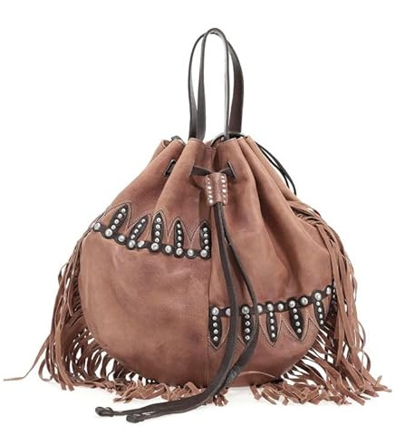 A.S.98 Cassie Ledertasche Damen – Beuteltasche aus echtem Leder mit Fransen, Nieten und Kordelzug – Handgefertigte Hobo Bag 40x38x15 cm – Braun