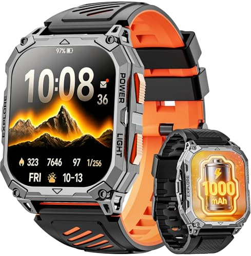 Smartwatch Uomo, 1000mAh(Durata 25 Giorni), 2.01 Orologio Smartwatch Militare con Torcia/Chiamate Bluetooth/Notifiche Messaggi/Frequenza Cardiaca/Sonno/100+ Sportive, Smart Watch per Android iOS