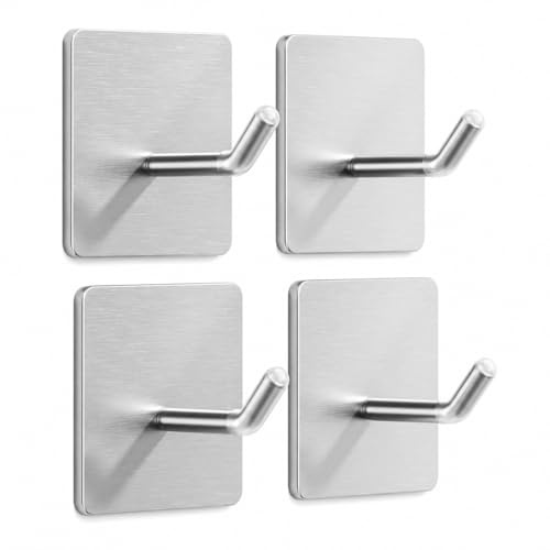 PHX Grove 4 Pack 304 Stainless Steel Adhesive Wall Hooks | Brushed steel hooks for hanging towels, coats, hats and keys; adhesive no-drill installation for smooth surfaces