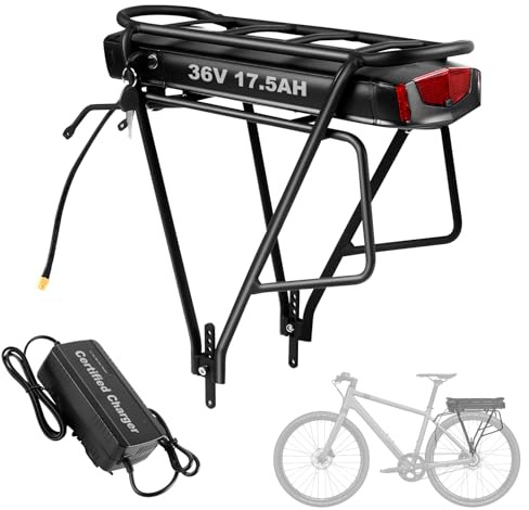 36V 17,5AH Batteria per E-Bike con Portapacchi Posteriore con Caricatore, Batterie per Biciclette Elettriche con Fanale Posteriore, per Bici da 26, 27,5, 28 e 29