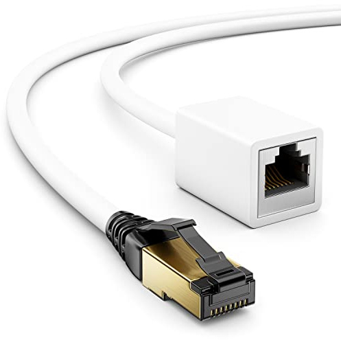 deleyCON 4m CAT8.1 RJ45 Verlängerung 40 GBit/s, S/FTP - Weiß | Patchkabel Netzwerkkabel, 2000 MHz, Kupfer PiMF, 1x RJ45 Stecker, 1x RJ45 Buchse, für Ethernet LAN Gaming Streaming