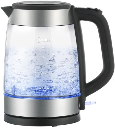 Midea Glas Wasserkocher 1,7 L, 2200 Watt, blaue LED, BPA frei | Borosilikatglas, 360° Basis, herausnehmbarer Kalkfilter, LED-Innenbeleuchtung, automatische Abschaltung, Trockenkochschutz