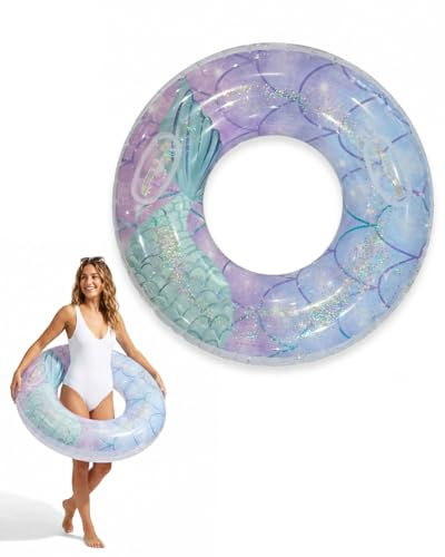 YIPFEN Salvagente Sirena Blu Paillettes Scintillanti – Anello di Nuoto Gonfiabile 1 pz Anti-Perdita, Sicuro Bambini per Piscina & Spiaggia.