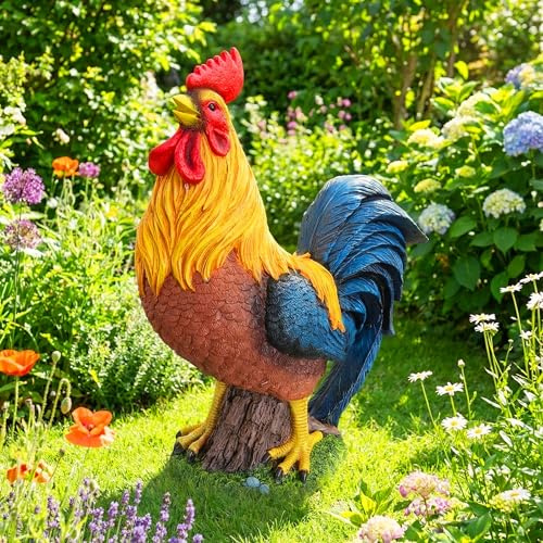 Relaxdays Gartenfigur Huhn, stolzer Hahn, wetterfeste Gartendeko, bunt | authentische Tierfigur, Kunstharz, 37 cm hoch