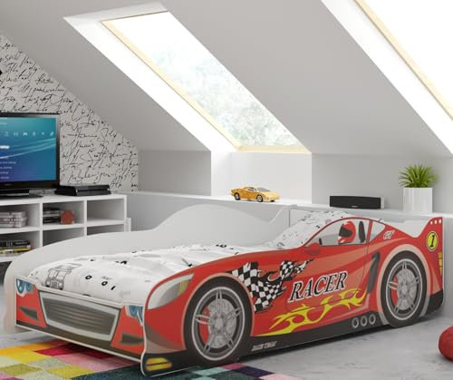 Interbeds Kinderbett Autobett 160x80cm Einzelbett Bodenbett Rennfaher mit Lattenrost (rot)