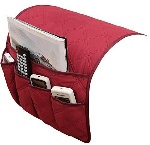 IPENNY Anti-Slip Couch Sofa Armrest Organiser Chair Bedside Storage Pocket TV Remote Holder Bed Storage Pocket Bag for Cellphone Notepad Book Magazines Holder Pouch (#E4-Red (5 pockets))