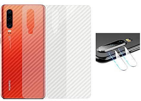 qichenlu 3X Rückseite Folie + 2X Kamera Schutzglas für P30, Carbon Look Matt Klebefolie Weich Back Film für Huawei P30,Klar 6D Linse Glas Kratzfest Kamera Hinten Schutz