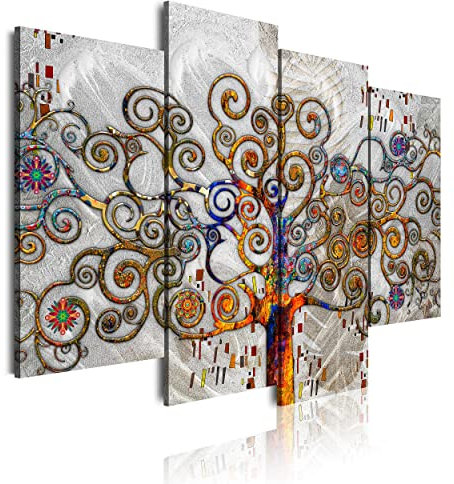 DekoArte 479 - Quadri moderni Stampa di Immagini Artistica Digitalizzata | Tela Decorativa Per soggiorno o Stanza da letto | Stile Astrazioni Albero della Vita Gustav Klimt Argento| 4 Pezzo 120x85cm