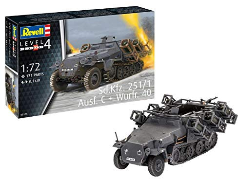 Revell 03324 Sd.Kfz. 251/1 AUSF. C + Wurfr. 4, Panzermodell Stuka zu Fuß 1:72, 8,1cm originalgetreuer Modellbausatz für Fortgeschrittene, unlackiert RV03324