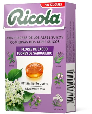 Ricola - Flor de Saúco, Caramelos Duros Sin Azúcar, Refresca, Alivia la Garganta y la Respiración, con Flor de Saúco, 13 Hierbas Suizas y Mentol, con Edulcorantes - Caja 50 g