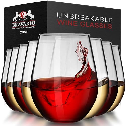 Bravario Unzerbrechliche Weingläser aus Kunststoff, ohne Stiel, wiederverwendbar, bruchsicher, 100 % Tritan-Kunststoff, spülmaschinenfest, BPA-frei, ideal für drinnen und draußen, 590 ml, 8 Stück