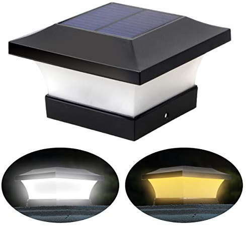 ILIKEPOW 2 Beleuchtungsfarben Einstellbare Solar LED Pfostenlichter Wasserdichte Garten Außenpfosten Kappenlampe für 10x10 cm Holzpfosten, Deck, Zaun (Tageslichtweiß 6000K und Warmweiß 3000k)