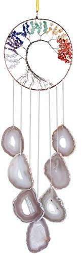 KYEYGWO 7 Chakra Baum des Lebens Hängeornament mit Natürliche Farbe Achat Scheiben, Heilung Kristall Aufhängene Handgemacht Edelstein Windspiel Traumfänger Hängedeko für Haus Hochzeit Souvenir