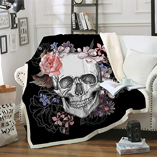 DJY Fleece-Decke mit Weihnachtsmotiven, weich, gemütlich, dick, warm, Überwurf für Couch, Bett, Totenkopf-Blumenmuster, Schwarz/Weiß, 150 x 200 cm