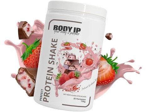 BODY IP Perfect Protein Pulver | dein Süßigkeitenersatz | Joghurt Erdbeer Riegel | Whey Isolat, Whey Konzentrat & Casein | hoher BCAA Anteil | 25 Portionen | Protein Shake für Muskelaufbau | 750g