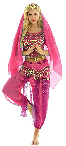 inlzdz 4 PCS Abito da Ballo Indiano Donna Costume Arabo Principessa Vestito da Danza del Ventre Cosplay Halloween Carnevale con Paillettes Top +Pantalo+ Sciarpa + Sciarpa Rosa Rosso Taglia Unica