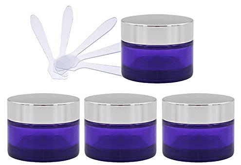 ZEOABSY 4 Stück Leere Lila Glas Cremedose 30ml mit Silber Schraubdeckel, Lilaglas Schraubdose Glas-Tiegel Glas-Dose Salbentiegel Kosmetik-Dose für Gels Cremes + 4X Spatel