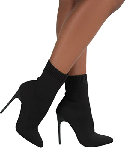 ORANDESIGNE Damen Gestrickte Kurze Stiefel Mode Spitzer Zehenpartie Einfarbig Gestrickte Stiefel mit Hohem Absatz Elegant Stiefel Atmungsaktiv Schlupfstiefel