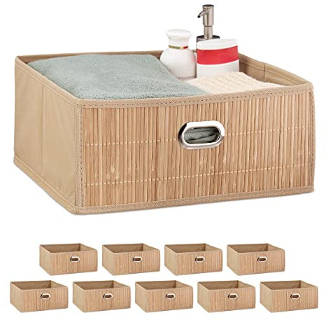 Relaxdays 2 x Aufbewahrungskorb Bambus, Badkörbchen quadratisch, Stoff Regalkorb flach, H x B x T 14 x 31 x 31 cm, faltbar, Natur