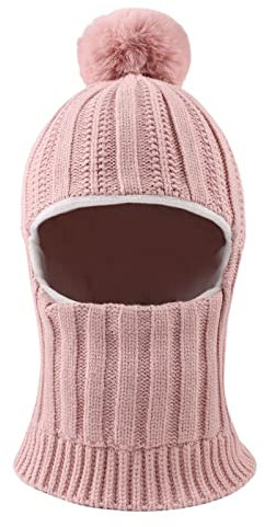 XIAOHAWANG Baby Wintermütze Jungen kindermützen Winter Polarfleece Winddicht Kälteschutz Strickmütze Jungen Warm Beanie Mit Bommel für Kinder Baby(Haut rosa, 6-36Monate)