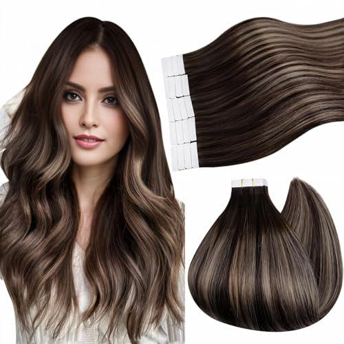 Ugeat Tape in Extensions Echthaar 55 cm Balayage Doppelseitig Invisible Echthaar Extensions Tape Haarverlängerung Ombre Dunkelbraun Aschblond Selfies 20 Stück 50G #4/18/4